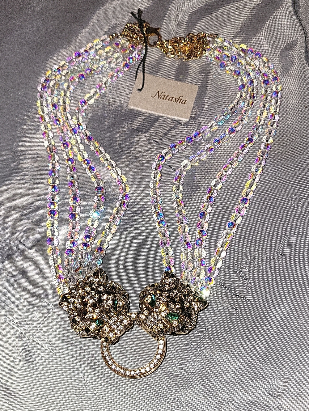 Natasha Couture Crystal Multi-Strand Leopard Necklace in Iridescent and Gold HL